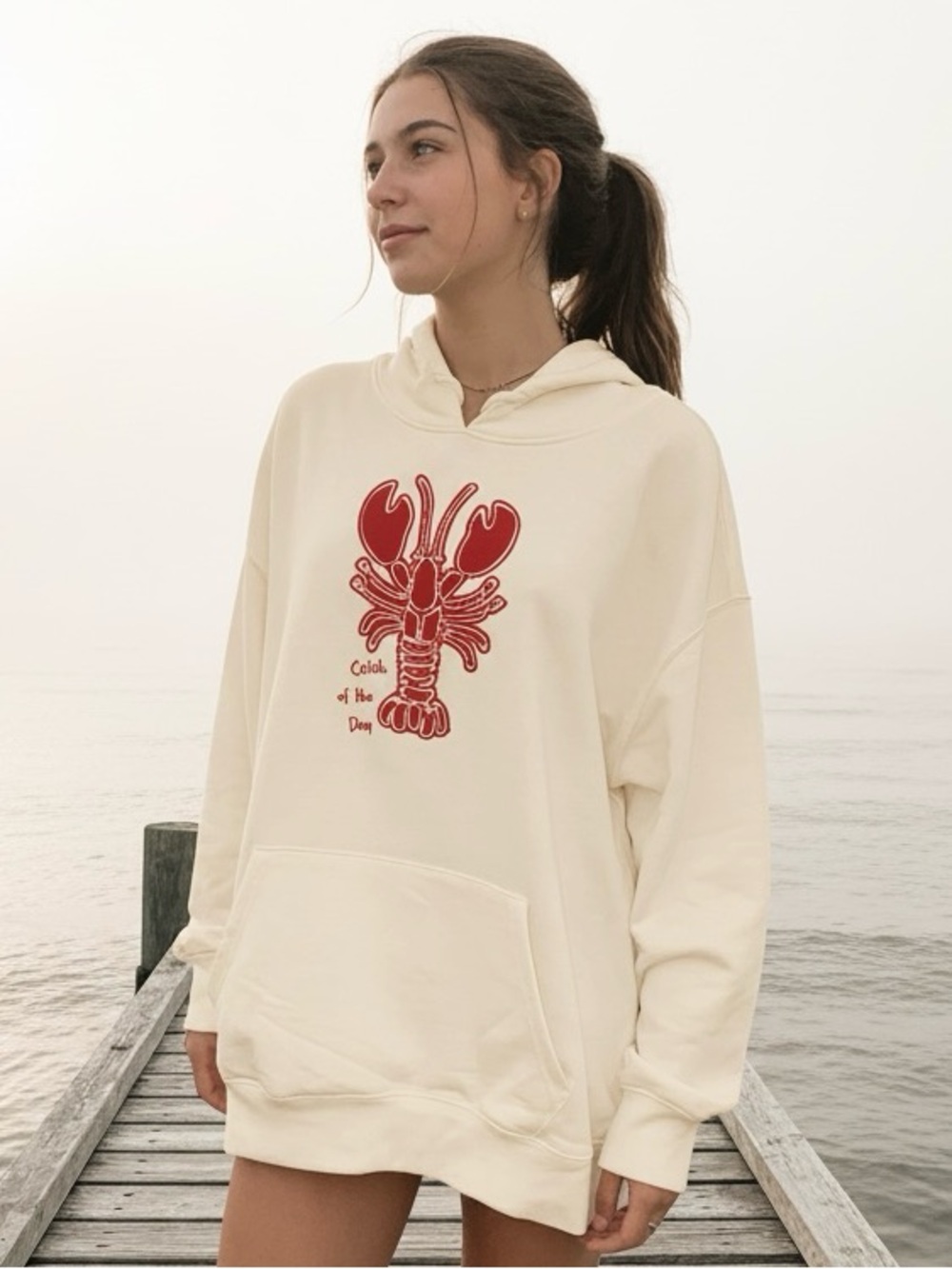 No Comment NWT Cream Hoodie with Red Lobster Graphic Women’s Oversized Pullover